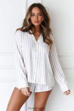 Lounge pinstripe pyjama paita & shortsit setti minkki vaatteet naiset D46R26967