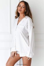 Lounge pinstripe pyjama paita & shortsit setti minkki vaatteet naiset D46R26967 - Image 3
